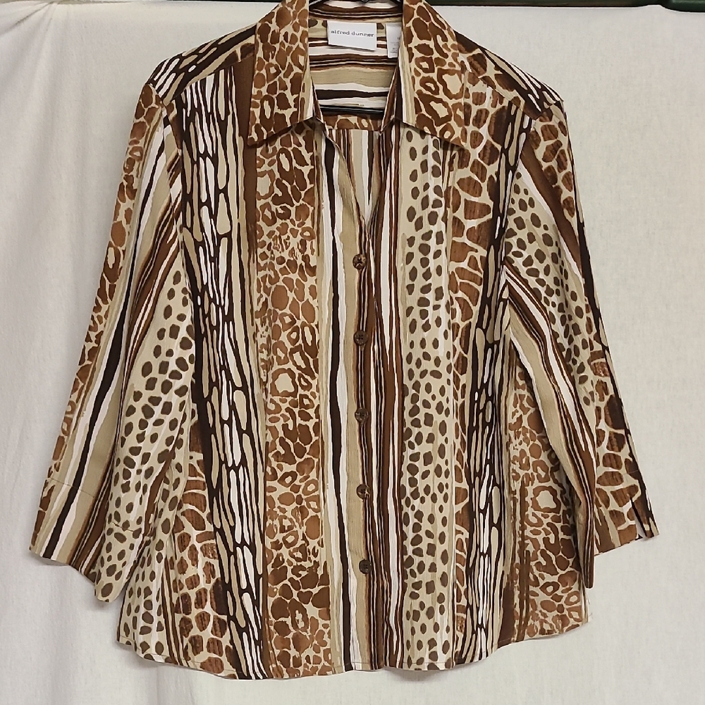 Vintage Alfred Dunner Striped Animal Print Tunic Button Front Blouse Sz 14